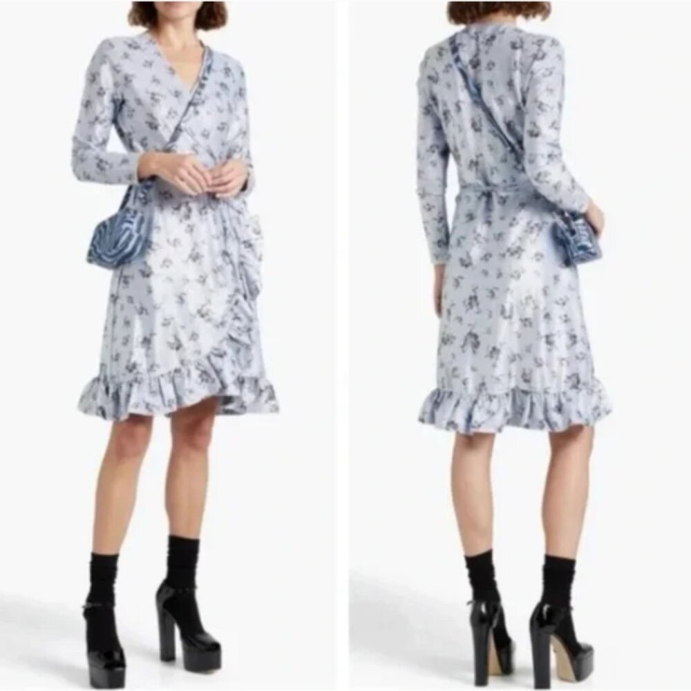 Ganni Metallic Lurex Floral Print Wrap Dress Size 4
